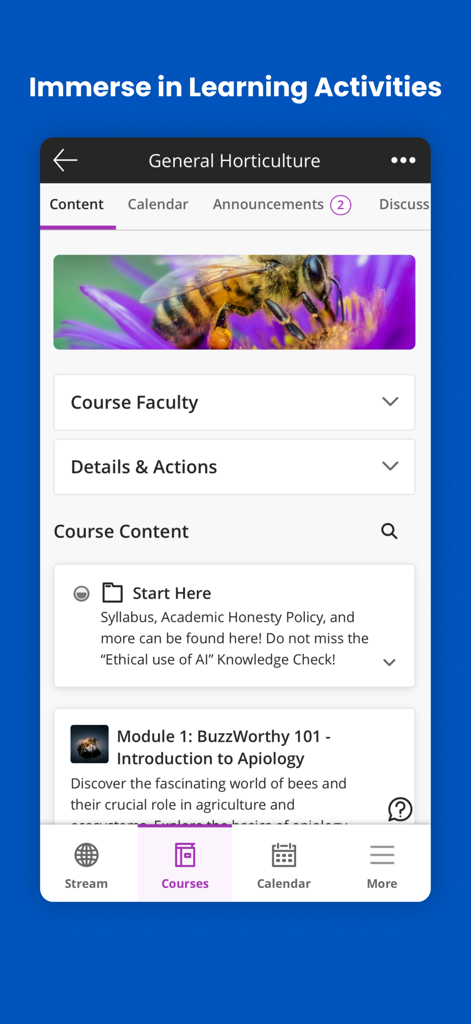 Blackboard-Mobile-App-Oberfläche, die Kursinhalte und Lernmodule für einen Studenten anzeigt