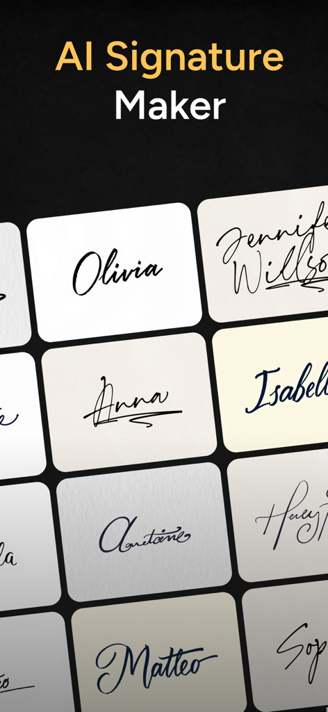 Una cuadrícula que muestra varios estilos de firma manuscrita profesionales generados por IA.