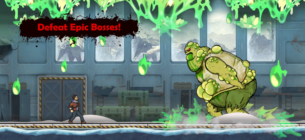 Earn to Die Rogue - A hero character facing a giant green bloated zombie boss in a military bunker setting.