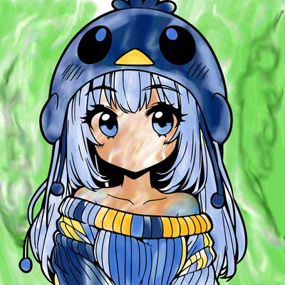 anime girl with chick shaped hat with sweater with bare shoulders with bangs covering them one eye with low tail