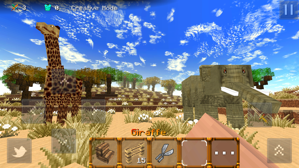 A block-building game scene featuring a giraffe and an elephant in a savanna environment during creative mode.