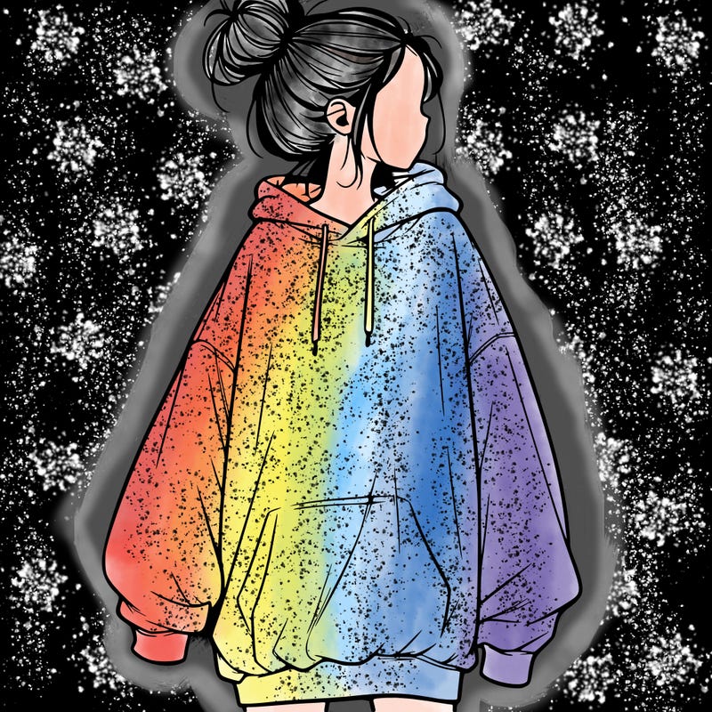 realistic girl with a oversized sweatshirt on and a bun