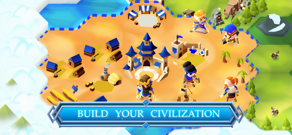 A low-poly hex-grid map in Hexapolis showing a castle and various hero characters with a banner reading build your civilization.