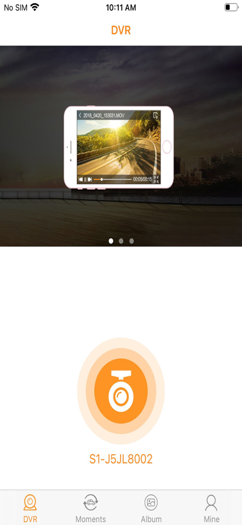 RoadCam mobile app interface showing a dash cam DVR connection status and video playback preview.