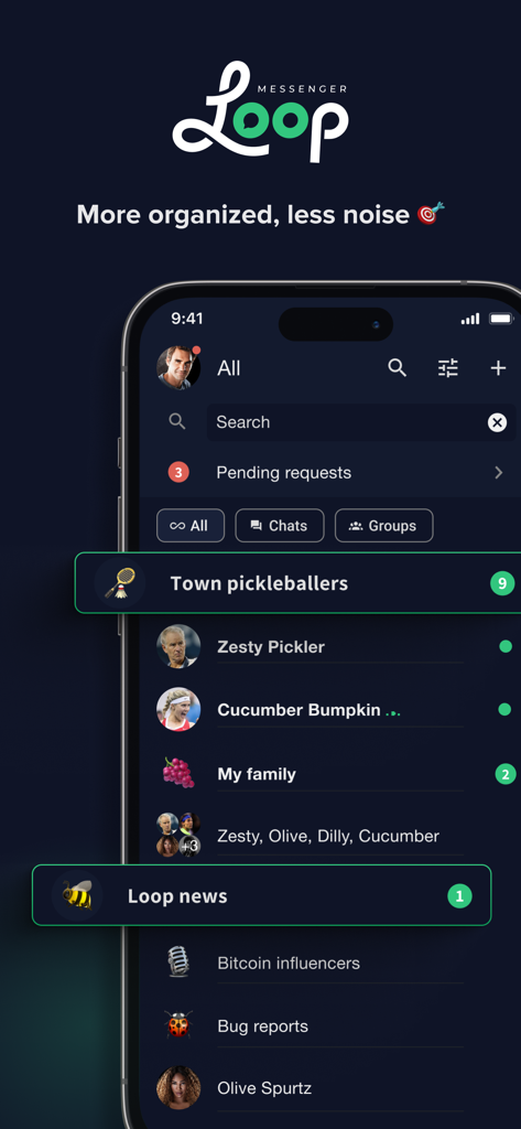 Loop Messenger - Loop Messenger mobile app interface showing organized group chats and private messages in dark mode.