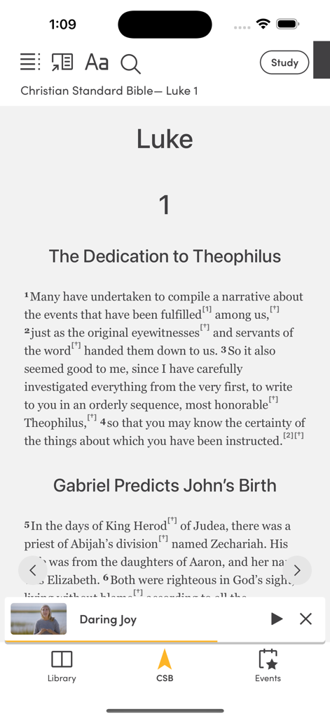 Lifeway On Demand - Interface of the Lifeway On Demand app showing the CSB Bible text for Luke chapter 1 and a video study mini player