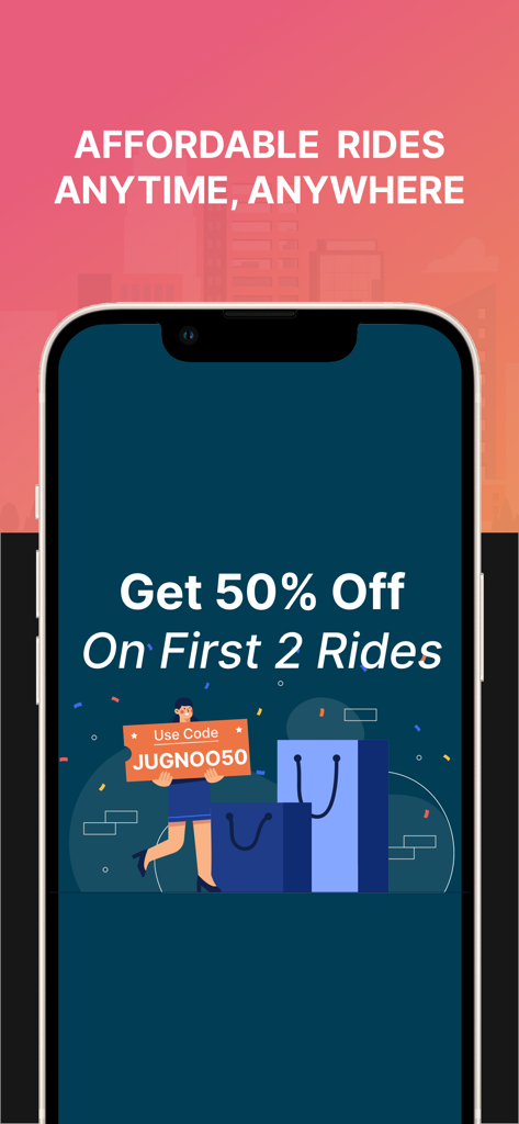 Jugnoo - Jugnoo app promotional screen offering 50 percent off on the first two rides with a promo code