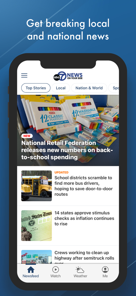 ABC7-WJLA news app displaying local and national news stories on a mobile device.