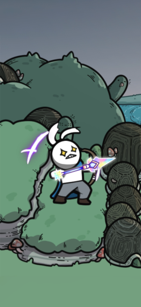 A cute white rabbit hero holding a glowing crystal bow in Archer Forest Idle Defense.