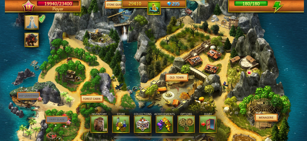 Mahjong Island - Tile Match - Vista cenital del mapa de la isla de fantasía en Mahjong Island Tile Match con varias ubicaciones de misiones.