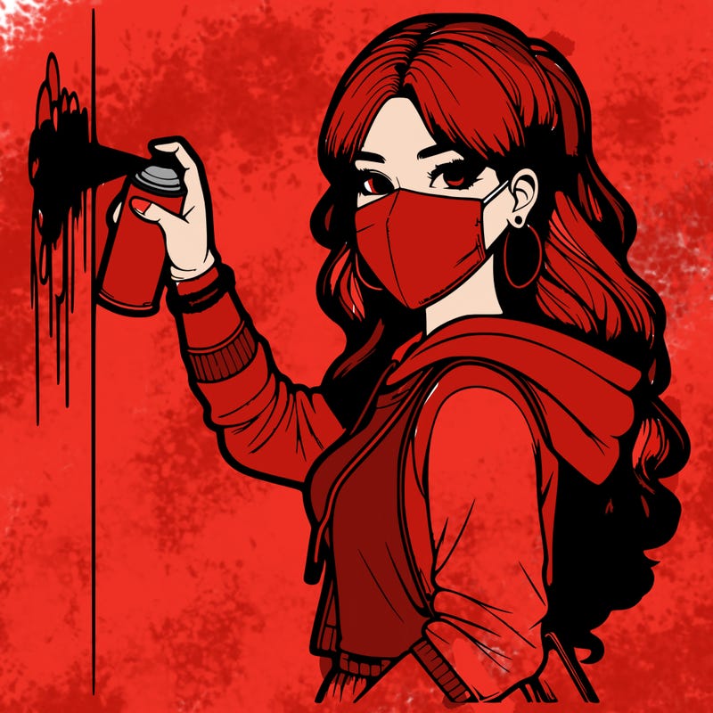 realistic girl with mask spray painting a wall