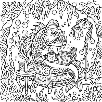 Unwind with this delightful viperfish coloring page, depicting a usually fearsome creature enjoying a peaceful weekend chill. Grab your favorite colors and bring this charming deep-sea scene to life.