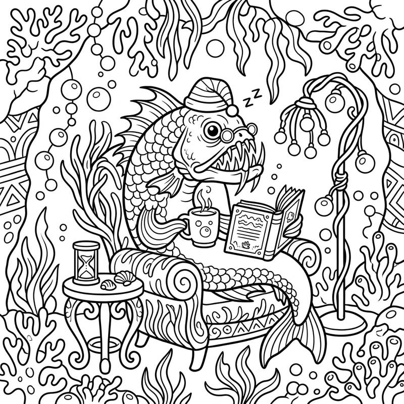 Unwind with this delightful viperfish coloring page, depicting a usually fearsome creature enjoying a peaceful weekend chill. Grab your favorite colors and bring this charming deep-sea scene to life.