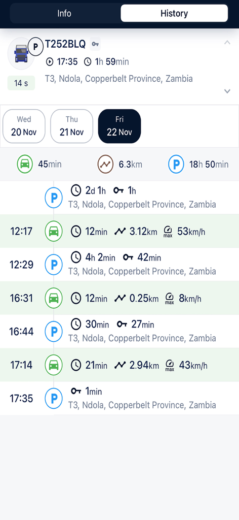 Waw Group - Waw Group app history screen showing detailed vehicle tracking logs and driving activity.