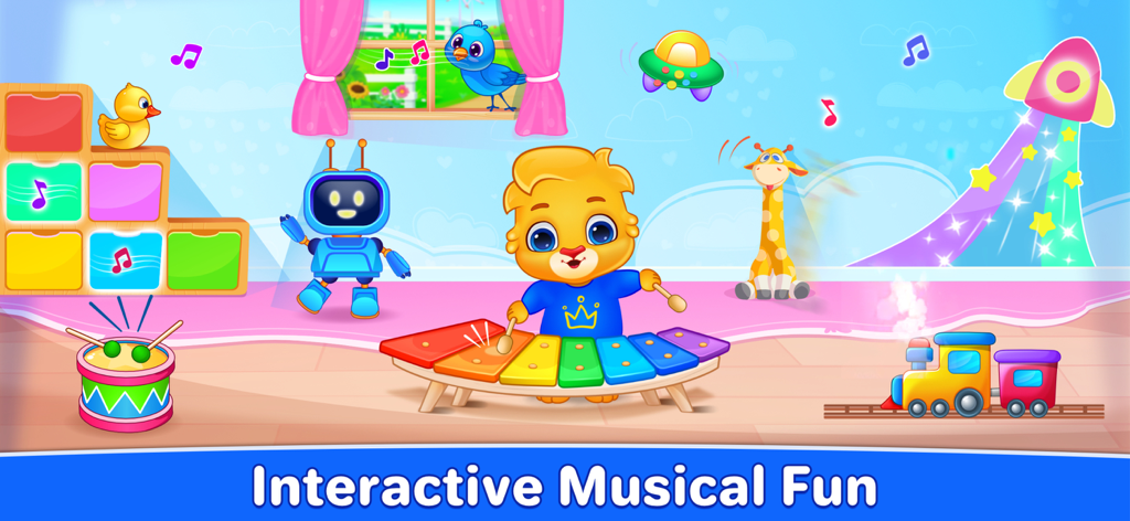 Kids Music: Piano, Xylo, Drums - Lucas el personaje del león tocando un colorido xilófono en una sala de juegos digital con un robot y un tren de juguete.
