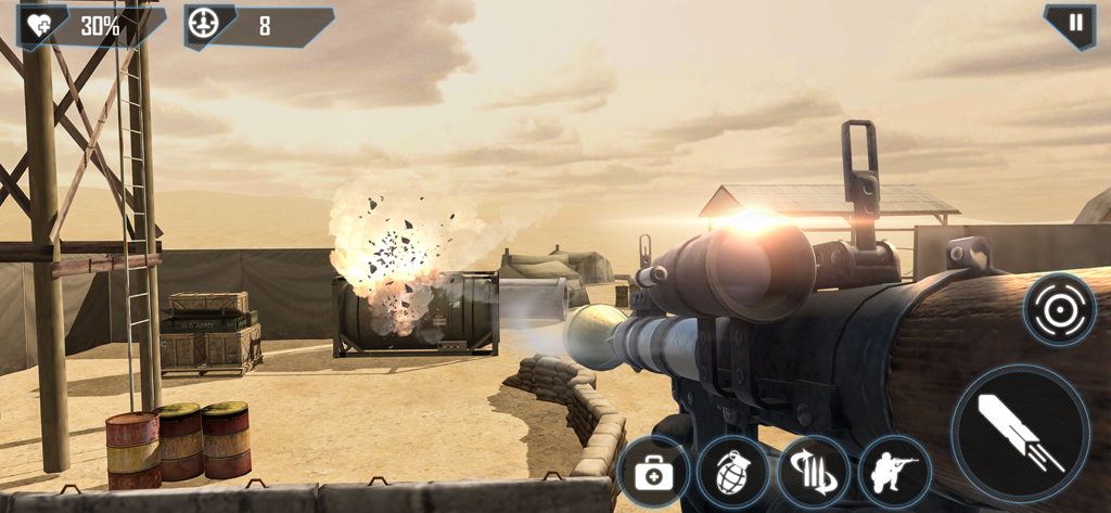 Modern Battlefield FPS Combat - FPS gameplay showing a rocket launcher firing at an enemy base