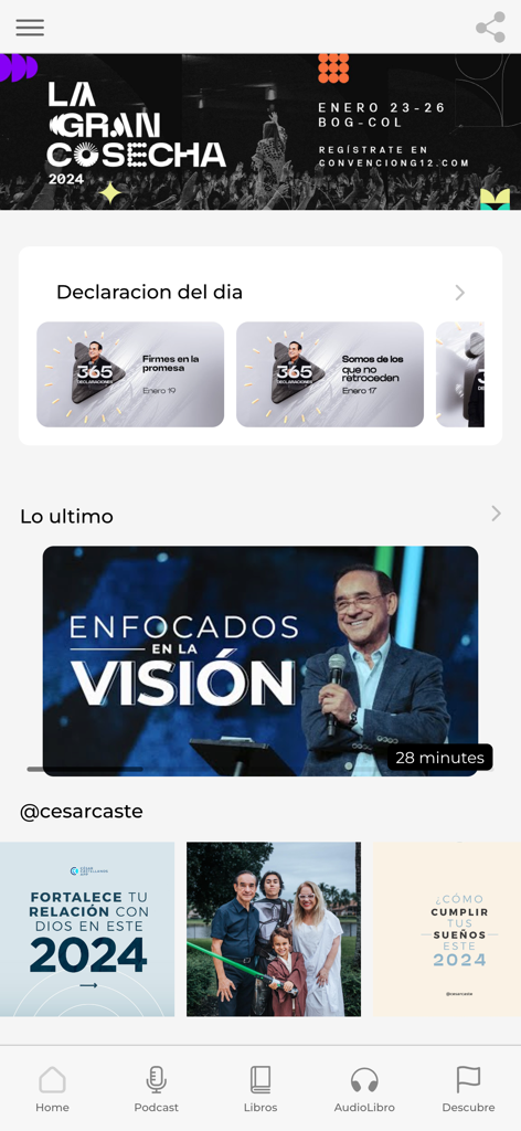 César Castellanos - Cesar Castellanos app home screen showing daily declarations and video teachings