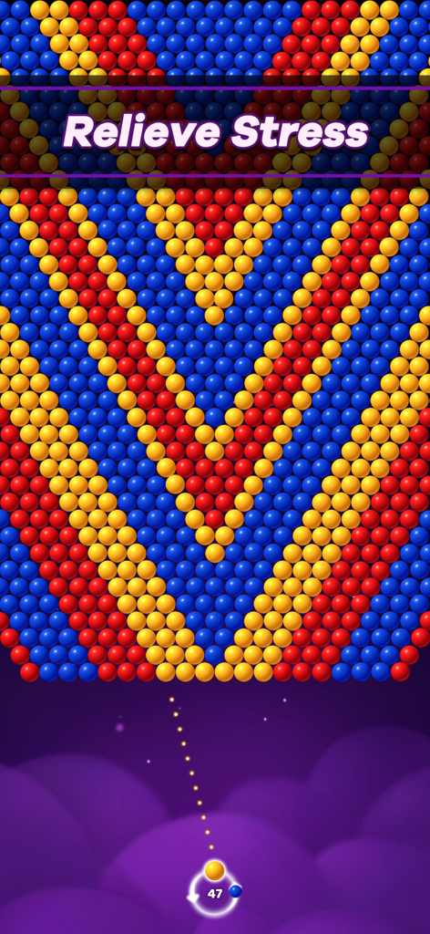Bubble shooter puzzle game screenshot with colorful bubble patterns and Relieve Stress text overlay
