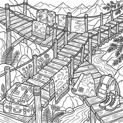 Get ready for an exciting coloring getaway with this intricate scene featuring charming wooden bridges. Discover suitcases, maps, and hiking gear amidst stunning mountain and river landscapes, perfect for unleashing your creativity.