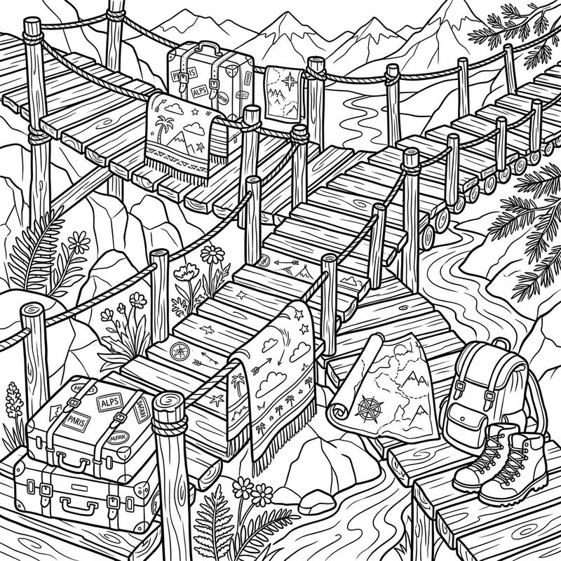 Get ready for an exciting coloring getaway with this intricate scene featuring charming wooden bridges. Discover suitcases, maps, and hiking gear amidst stunning mountain and river landscapes, perfect for unleashing your creativity.