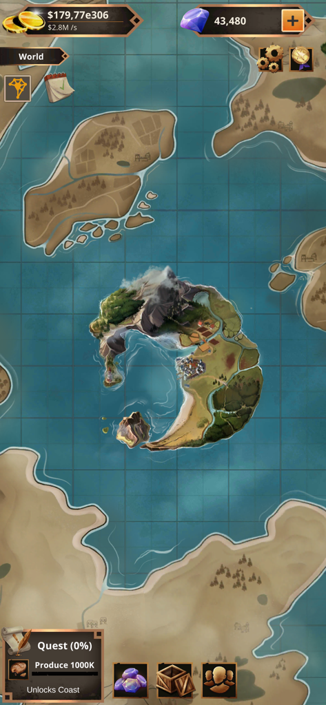 Idle Medieval Merchant Tycoon - Carte du monde de style médiéval avec une île centrale détaillée et des colonies commerciales dans Idle Medieval Merchant Tycoon