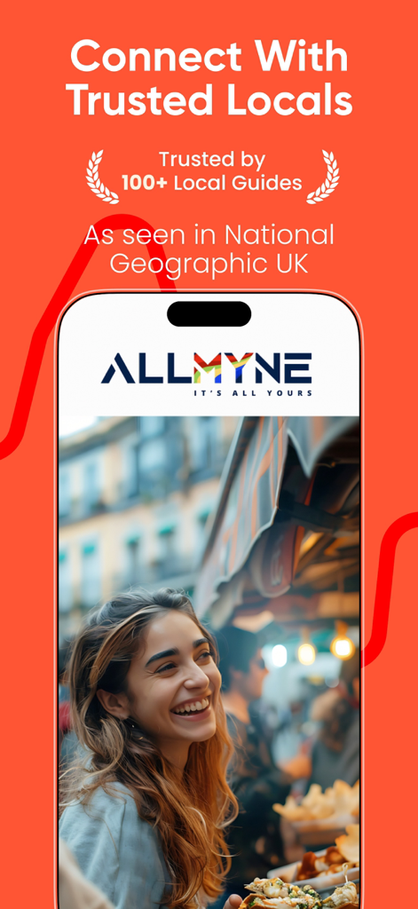 A smartphone showing the ALLMYNE travel app interface with a smiling woman in a city setting and text promoting trusted local guides
