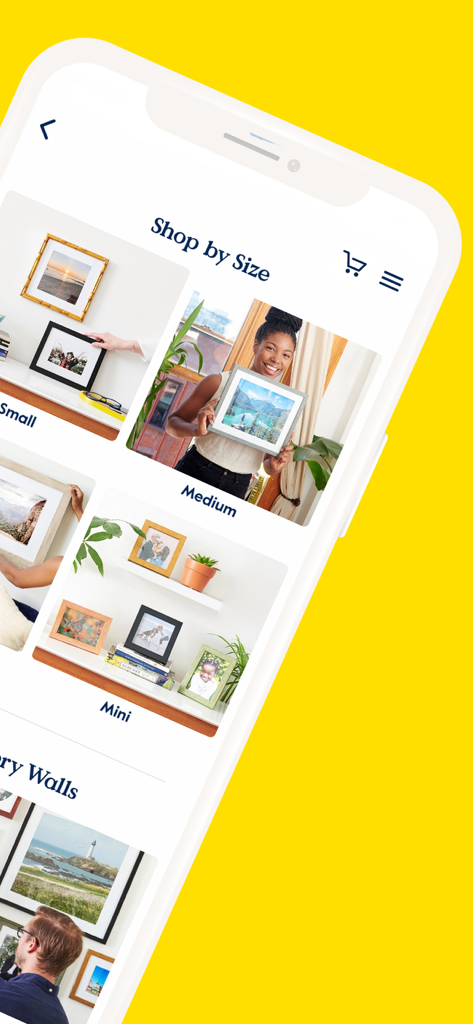 Keepsake Frames app interface showing frame options categorized by size like mini small and medium