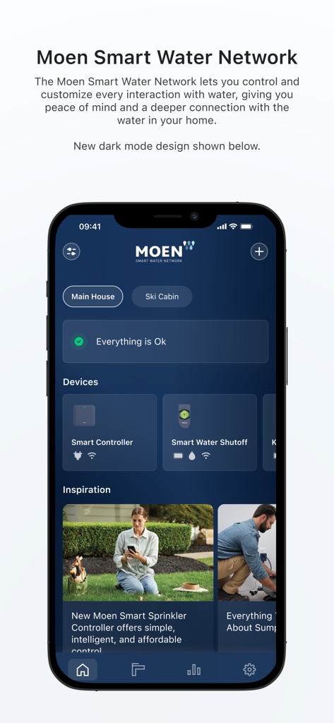 The Moen Smart Water Network app home screen in dark mode showing device statuses for a main house and a ski cabin