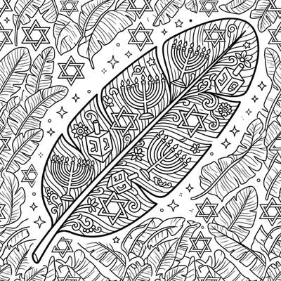 Discover a unique Hanukkah celebration with this beautiful banana leaf coloring page. It features intricate designs of menorahs, dreidels, and Stars of David, blending tropical and traditional elements.