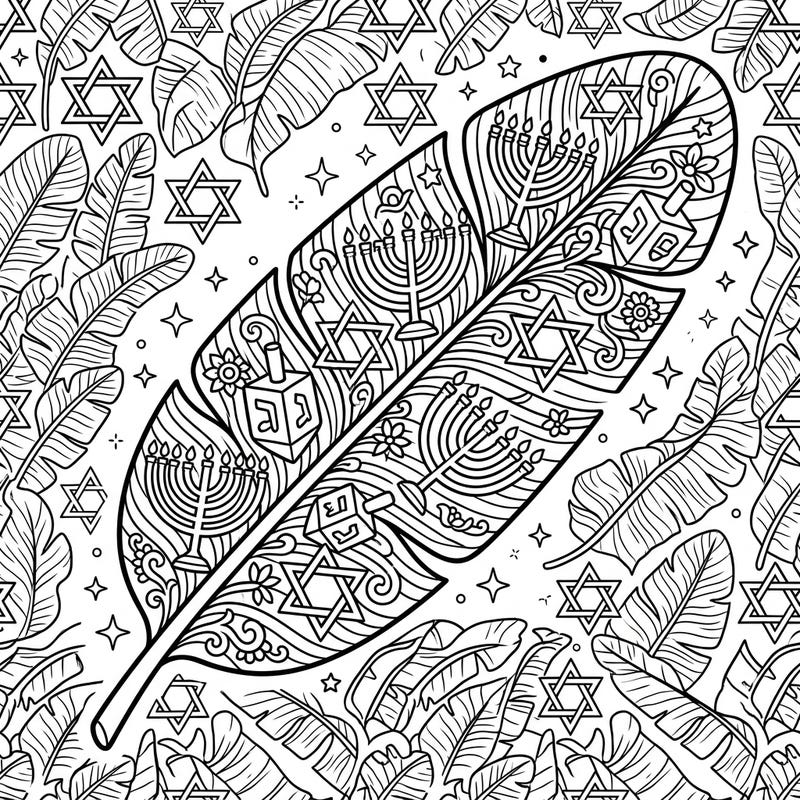 Discover a unique Hanukkah celebration with this beautiful banana leaf coloring page. It features intricate designs of menorahs, dreidels, and Stars of David, blending tropical and traditional elements.