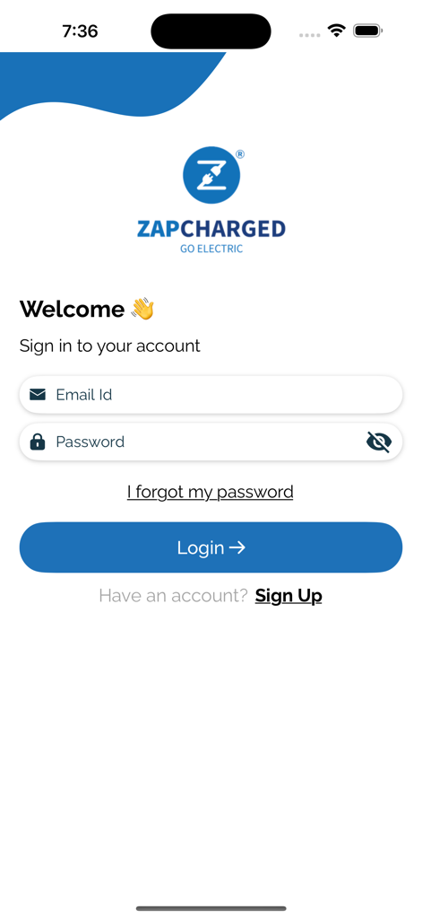 ZapApp login screen with email and password input fields for EV charging management
