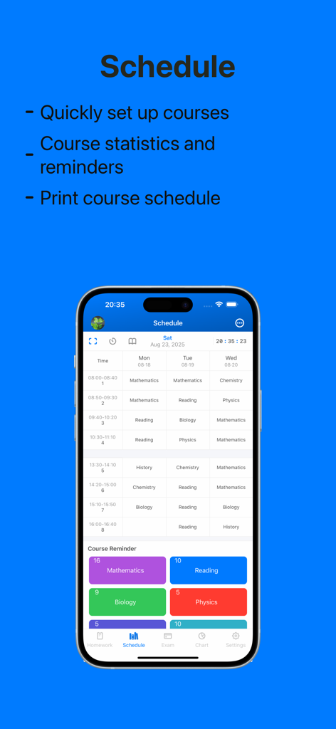 Weekly class schedule and course reminders interface on a smartphone