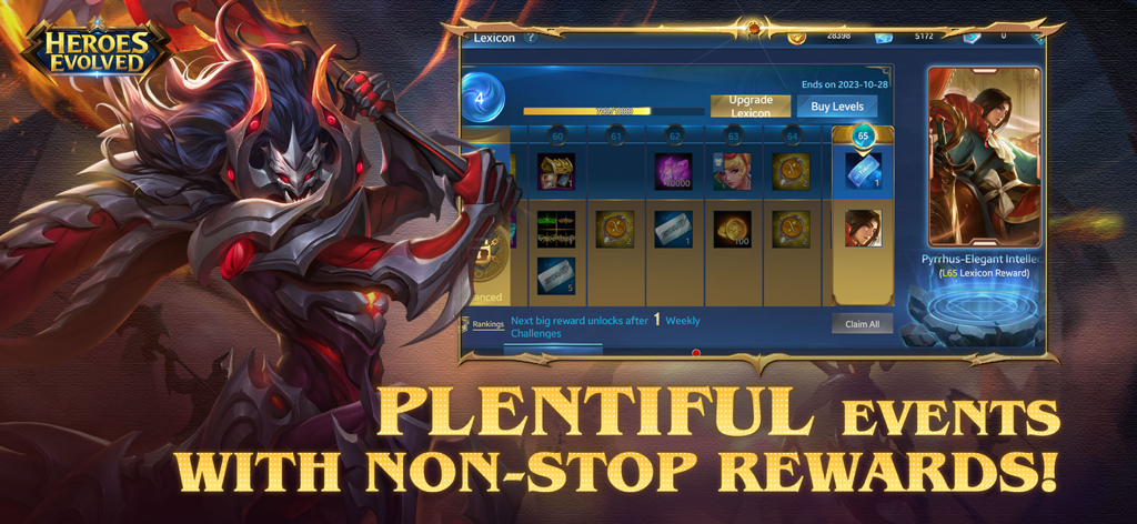 Heroes Evolved - Schermata delle ricompense del Lessico di Heroes Evolved che mostra i livelli degli eventi di gioco e i premi dei personaggi sbloccabili