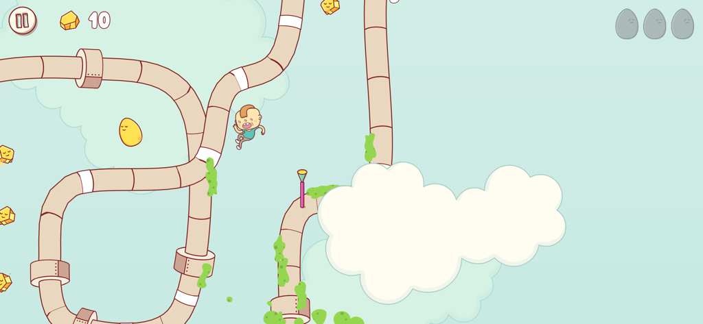 Gilbert character running on a pipe in a colorful level of the Eggggg game