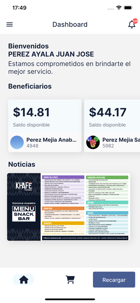 Khafe Hanaska app dashboard displaying student account balances and school menu