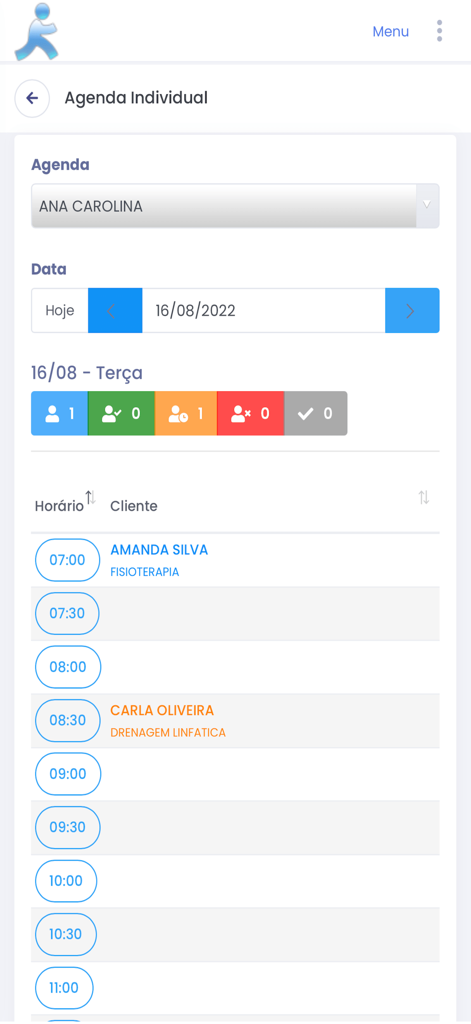 Fisioterapia Soft app individual schedule screen showing clinical appointments and time slots