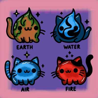 4 cats that represent the different elements, earth, water, air, and fire