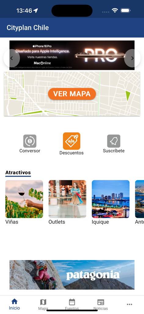 Cityplan GO - Pantalla de inicio de la aplicación Cityplan GO con un botón de vista de mapa de la ciudad y categorías para descuentos de conversión de divisas y atracciones locales