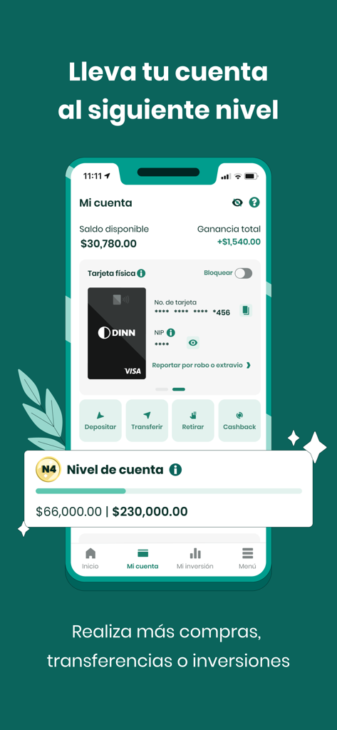 DINN: Invierte fácil - Interfaz de la app DINN que muestra el saldo de la cuenta, ganancias, tarjeta de débito Visa física y el progreso del nivel de cuenta N4