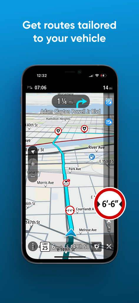 TomTom GO Expert truck navigation screen showing a tailored route and height restriction warning