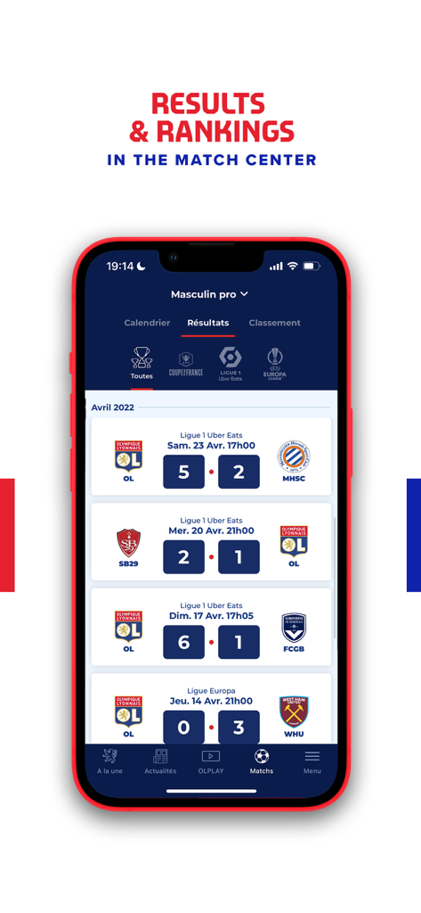 Ergebnisse und Spielstände von Olympique Lyonnais im OLPLAY App Match Center angezeigt