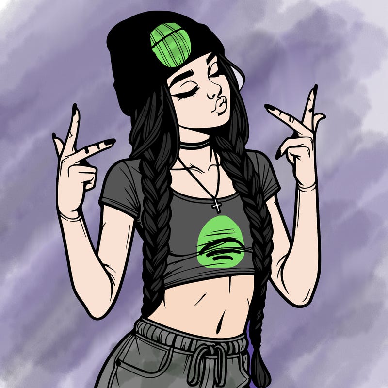 realistic teenage girl with braids and a beanie and crop top doing 🫶🏼