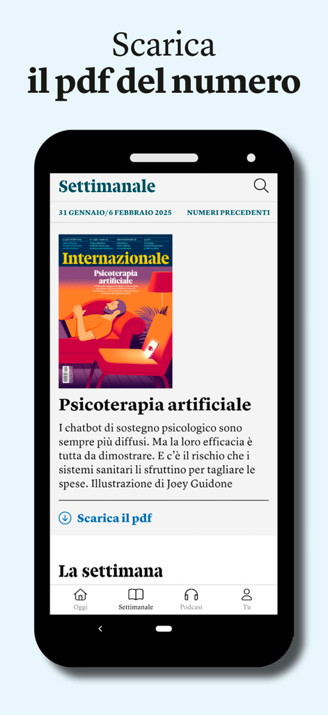 Internazionale - Internazionaleニュースアプリのインターフェース。週刊版セクションが表示されており、雑誌をPDFとしてダウンロードするオプションがあります。