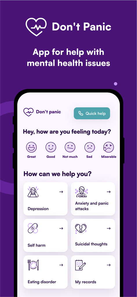 Don't panic!!! - Don't Panic mental health app interface with mood tracking and emergency support modules