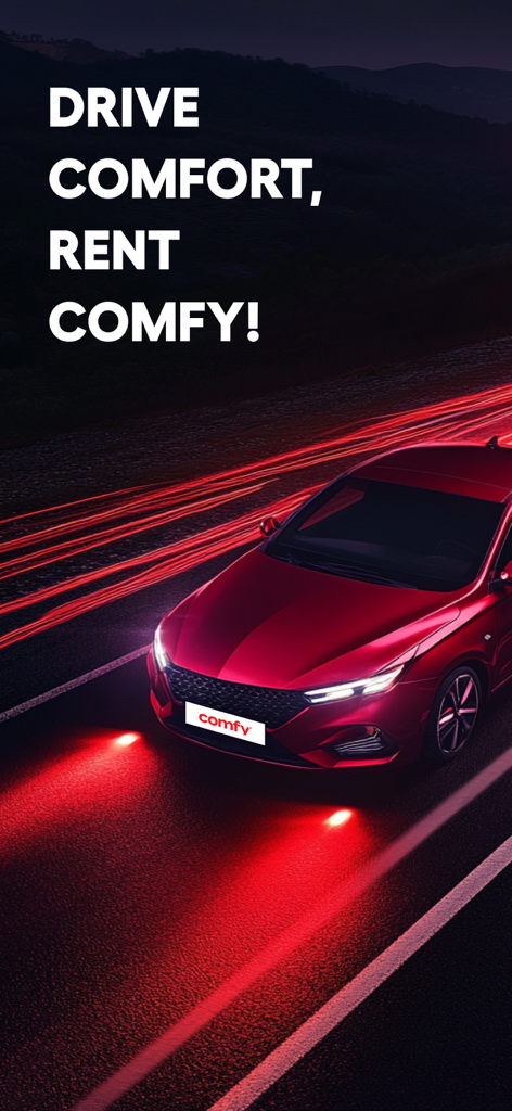 Comfy - كومفي - A sleek red sedan driving on a highway at night with the text Drive Comfort Rent Comfy