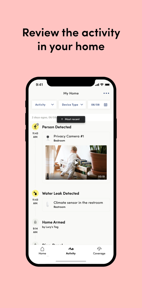Kangaroo: Simple Home Security - A smartphone showing the Kangaroo app activity timeline with alerts for person detection and water leaks.