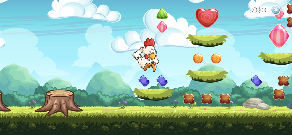 A cartoon chicken jumps between floating platforms collecting gems in a colorful educational platformer game for children.