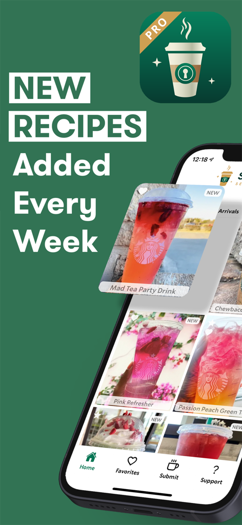 Starbucks-Inspired Secret Menu - Schermata dell'app mobile che mostra nuove ricette del menu segreto di caffè e fotografia originale di bevande