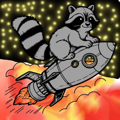 realistic raccoon flying on top rocket ship