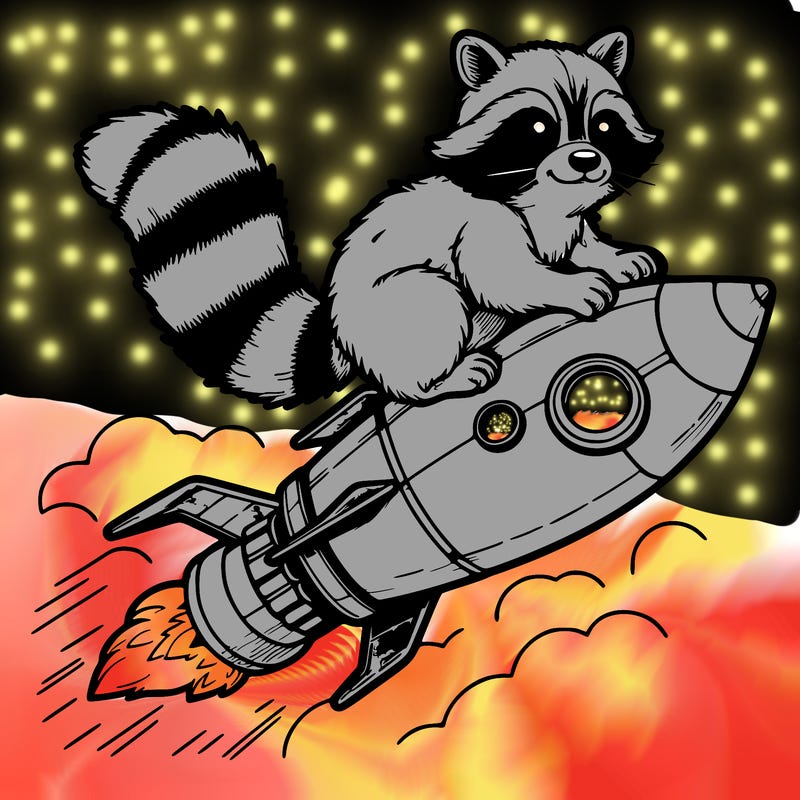 realistic raccoon flying on top rocket ship